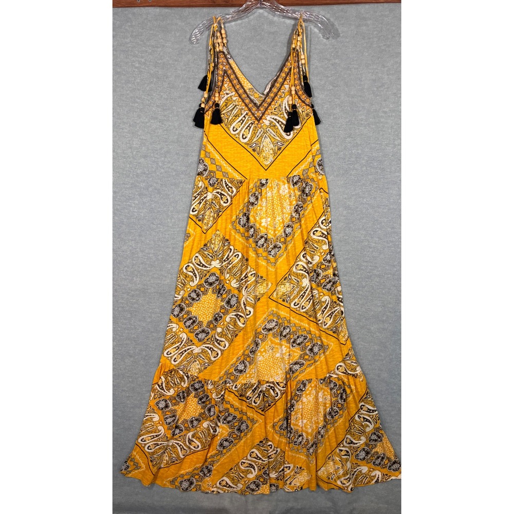 Soft Surroundings Yellow Paisley Embroidered Tassel Maxi Dress XS Boho 26K00